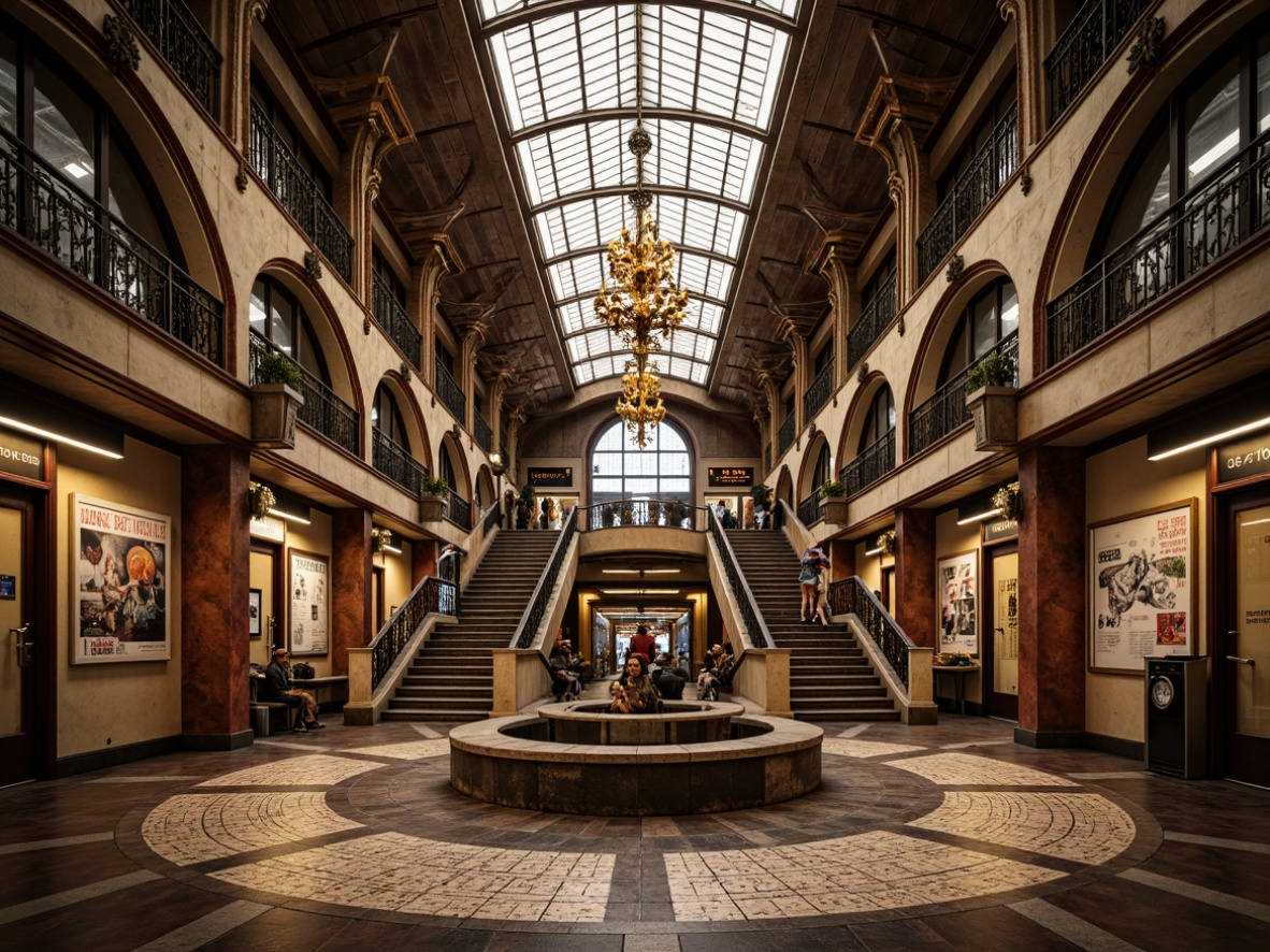 Prompt: Intricate metro station, ornate ironwork, flowing organic lines, stained glass ceiling, grand staircase, elegant chandeliers, luxurious mosaics, curved benches, decorative tiles, rust-colored metal accents, vintage advertisements, historic clocks, dimly lit platforms, warm golden lighting, shallow depth of field, 1/2 composition, symmetrical framing, high contrast ratios, vibrant colors, detailed textures.