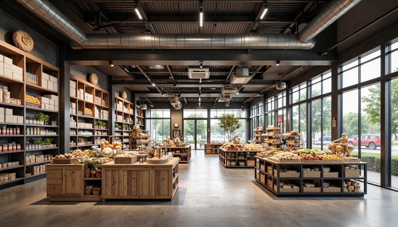 Prompt: Academic-style grocery store interior, modern shelving systems, industrial metal frames, wooden crates, rustic decorative accents, abundant natural light, polished concrete floors, exposed ductwork, elevated catwalks, angular display racks, minimalist product arrangement, neutral color palette, soft overhead lighting, shallow depth of field, 1/1 composition, realistic textures, ambient occlusion.