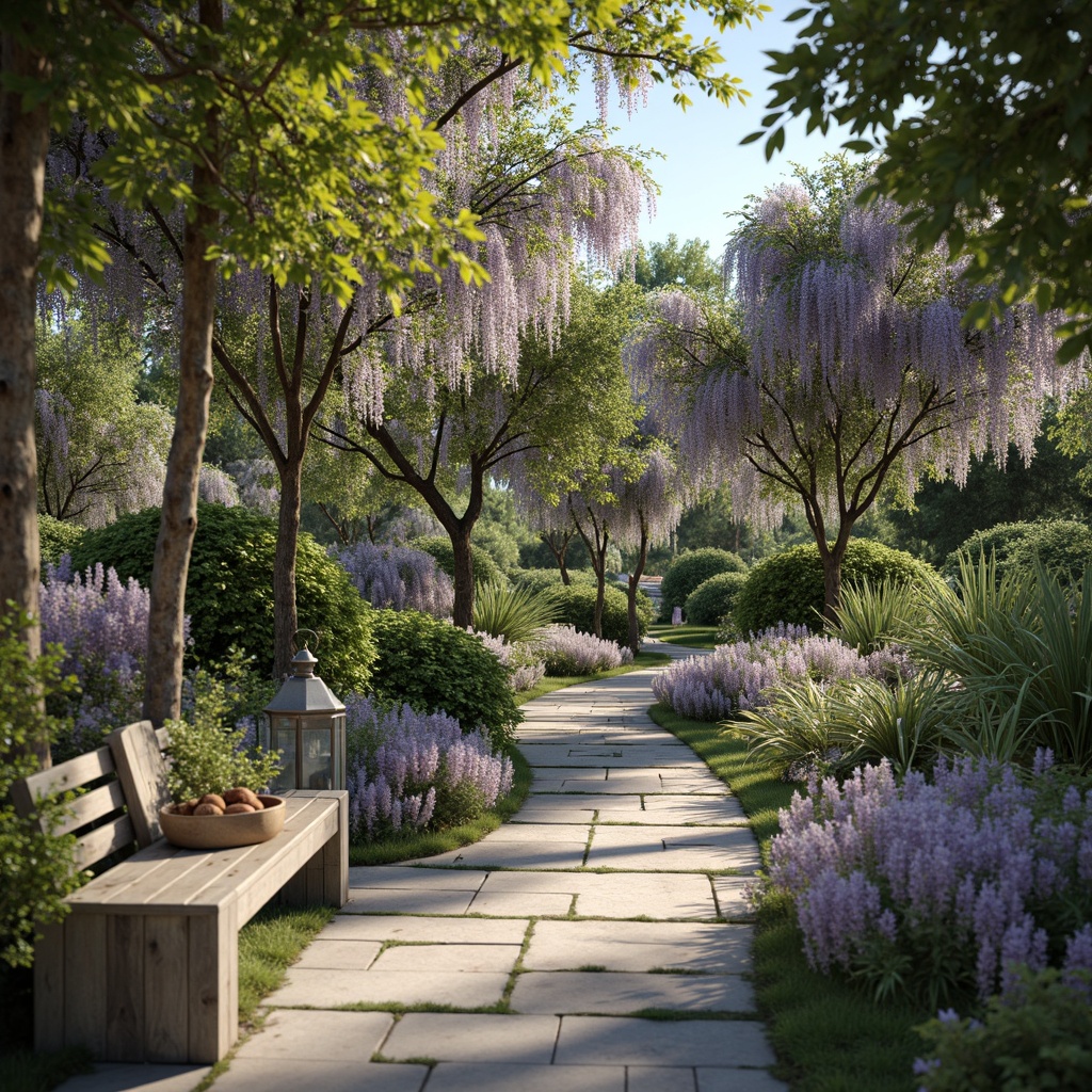 Prompt: Whimsical wisteria-inspired garden, soft lavender hues, pastel purple shades, delicate white flowers, lush green foliage, natural stone pathways, distressed wood benches, vintage metal lanterns, warm sunny afternoon, gentle dappled lighting, shallow depth of field, 2/3 composition, intimate close-up shots, realistic textures, ambient occlusion.