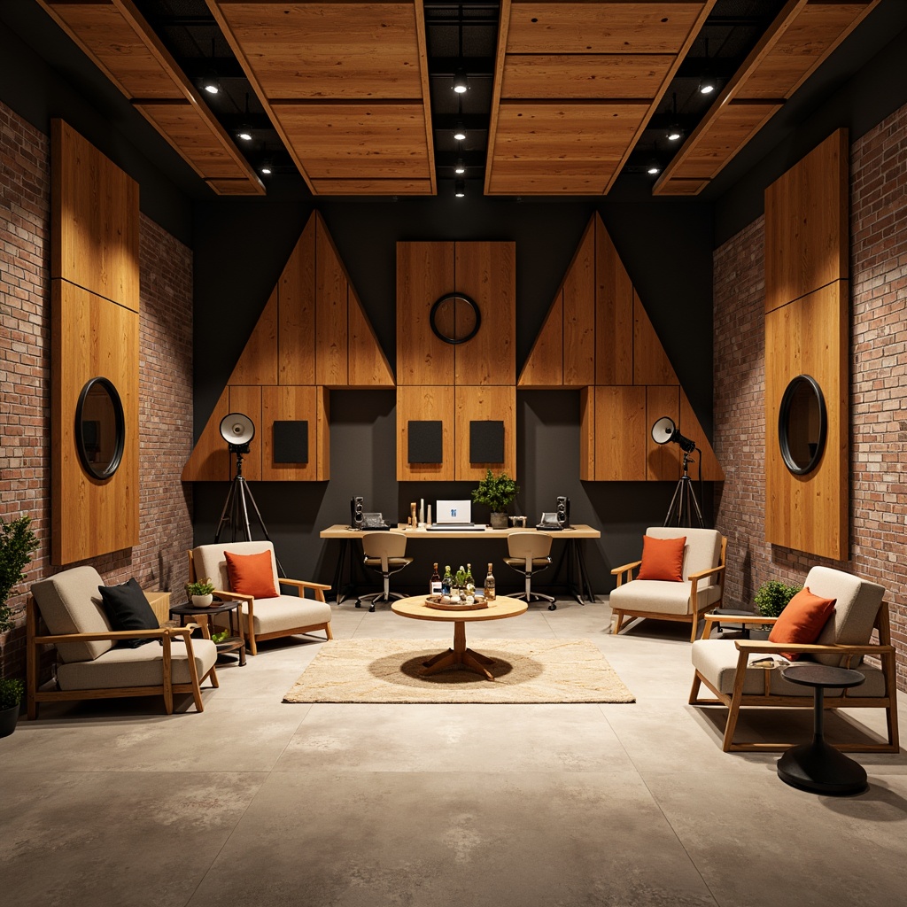 Prompt: Soundproof recording studio, wooden acoustic panels, triangular diffusers, sound-absorbing materials, professional audio equipment, microphone stands, pop filters, comfortable seating areas, dimmable LED lighting, urban loft setting, exposed brick walls, polished concrete floors, minimal decor, 1/2 composition, warm color tone, softbox lights, subtle shadows, realistic textures.