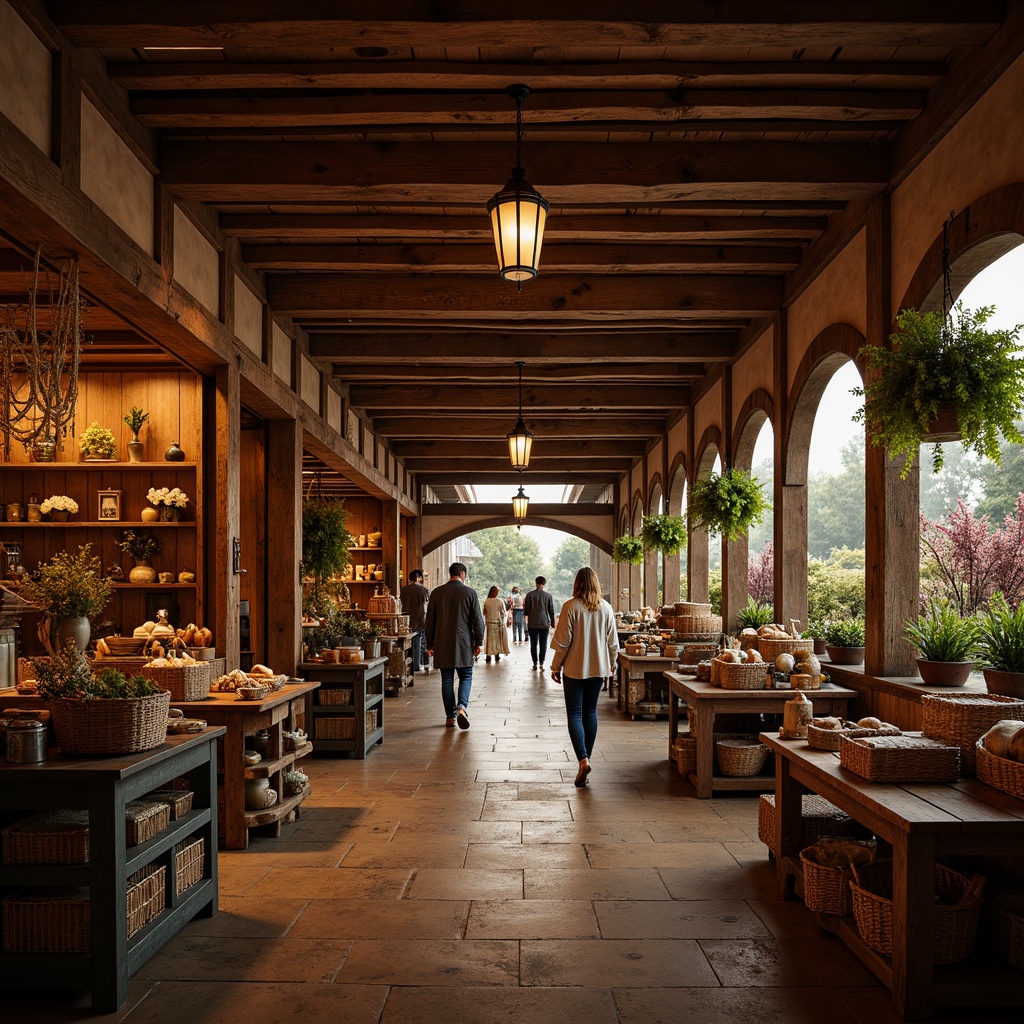 Prompt: Warm traditional market interior, rustic wooden beams, vintage lanterns, soft warm lighting, cozy atmosphere, ornate metal chandeliers, distressed wood accents, earthy tone color palette, natural stone flooring, woven baskets, floral patterns, classic furniture pieces, ambient shadows, subtle highlights, 1/1 composition, intimate scale, realistic textures, moderate depth of field.