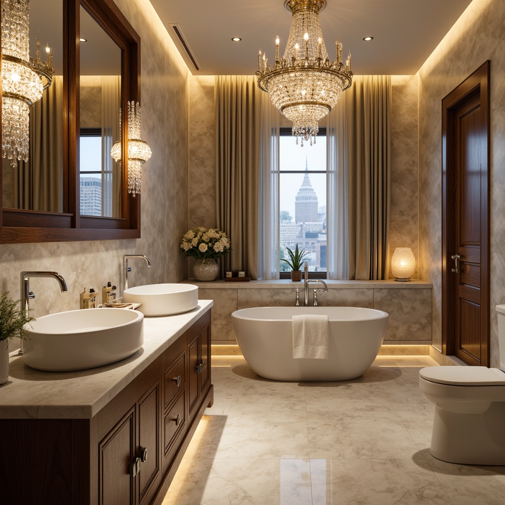 Prompt: Luxurious bathroom, marble countertops, ornate mirrors, crystal chandeliers, freestanding tubs, soft warm lighting, wooden cabinetry, modern sink designs, sleek faucet handles, polished chrome fixtures, ambient LED illumination, wall-mounted vanities, recessed medicine cabinets, elegant drawer pulls, spa-inspired ambiance, serene natural stone floors, 3/4 composition, shallow depth of field.