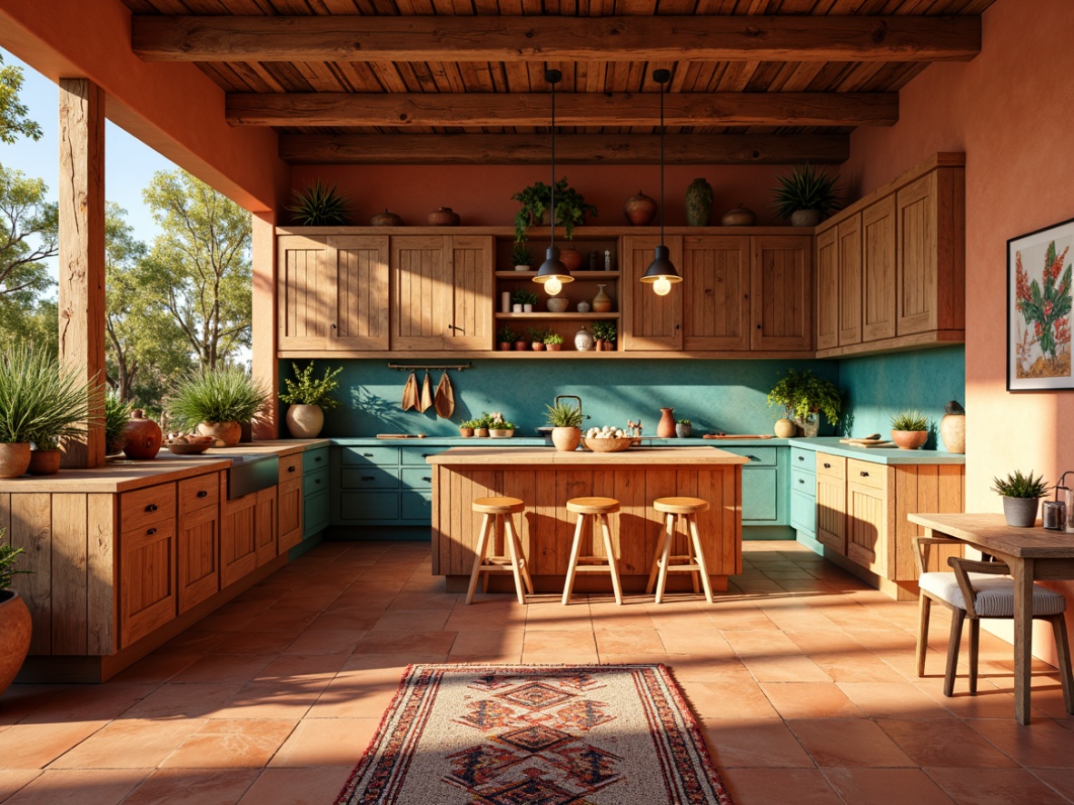 Prompt: Earthy southwestern kitchen, warm terracotta flooring, rustic wooden cabinets, turquoise countertops, vibrant orange accents, natural stone backsplash, distressed metal lighting fixtures, woven textiles, bold geometric patterns, desert botanicals, cactus silhouettes, warm sunny day, soft golden lighting, shallow depth of field, 3/4 composition, realistic textures, ambient occlusion.