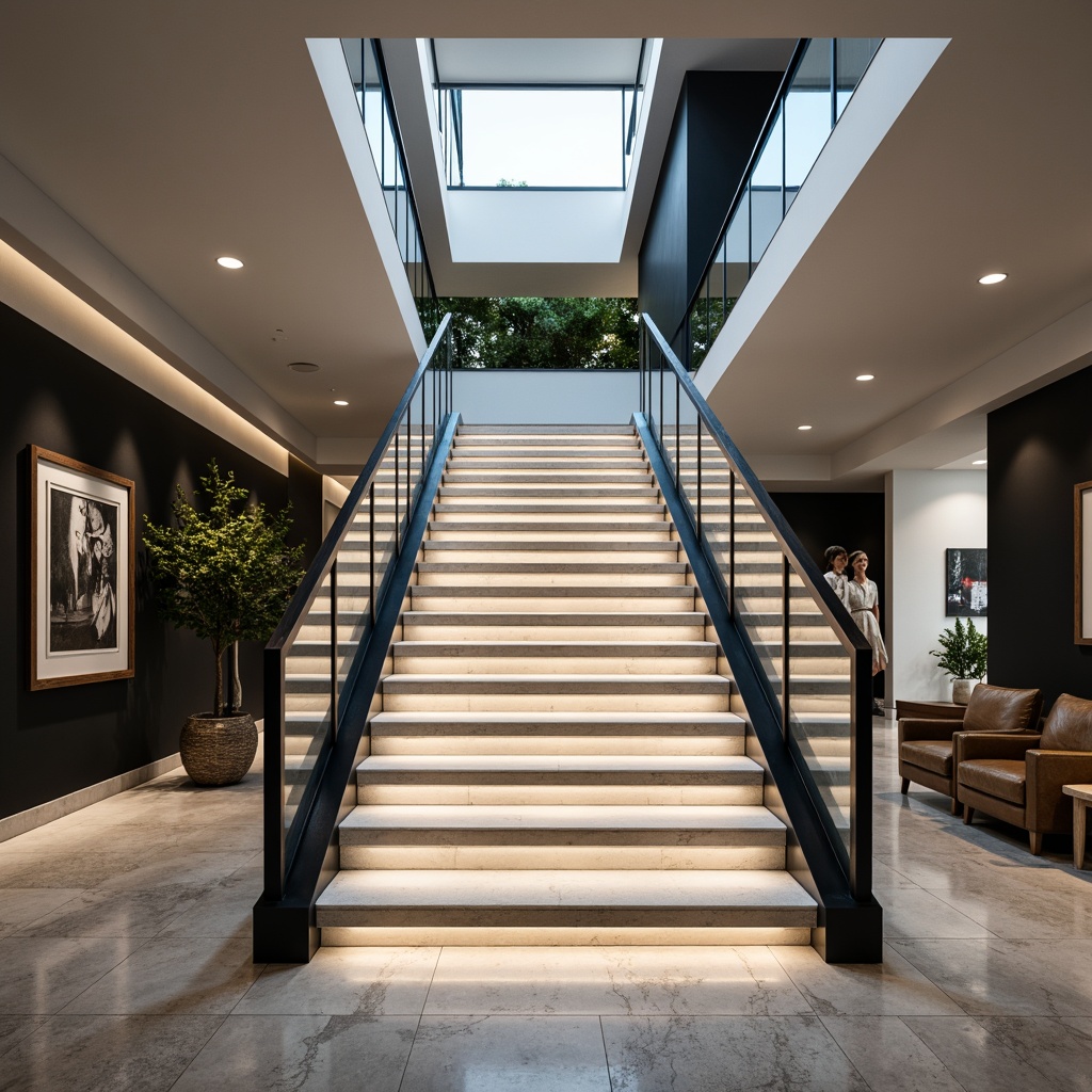 Prompt: Sleek modern staircase, minimalist design, stainless steel handrail, glass balusters, LED lighting, futuristic aesthetic, geometric patterns, polished chrome accents, luxurious atmosphere, high-ceiling space, open-plan layout, spacious interior, natural stone flooring, ambient lighting, shallow depth of field, 3/4 composition, panoramic view, realistic textures, ambient occlusion.