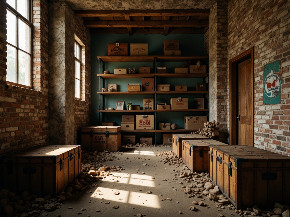 Prompt: Dusty storage room, vintage trunks, worn wooden crates, rusty metal shelves, distressed brick walls, peeling paint, faded labels, mysterious shadows, warm dim lighting, cinematic atmosphere, expressionist brushstrokes, rough impasto textures, vibrant color palette, abstract geometric patterns, fragmented forms, bold composition, 1/2 frame, dramatic chiaroscuro, rich tactile details.