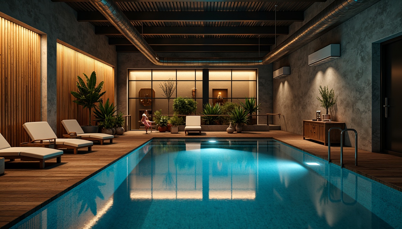 Prompt: Industrial-style pool, concrete walls, metallic railings, exposed pipes, reclaimed wood decks, industrial-grade lighting fixtures, dramatic high-contrast lighting, moody shadows, warm golden accents, LED strip lights, underwater lighting, poolside lounge chairs, modern minimalist decor, urban loft ambiance, distressed finishes, exposed ductwork, functional design elements, cinematic atmosphere, low-key backlighting, 1/1 composition, realistic reflections, ambient occlusion.