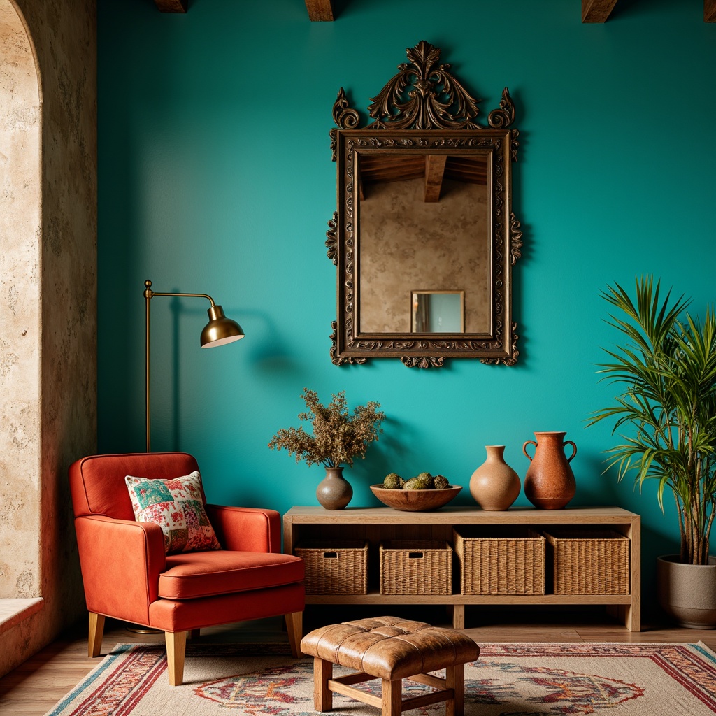 Prompt: Vibrant turquoise walls, rustic wooden furniture, woven Native American-patterned rug, plush velvet armchair, ornate metal mirror frame, colorful ceramic vases, woven basket storage, distressed leather ottoman, earthy terracotta planters, warm golden lighting, soft focus, 1/1 composition, shallow depth of field, natural textures, ambient occlusion.