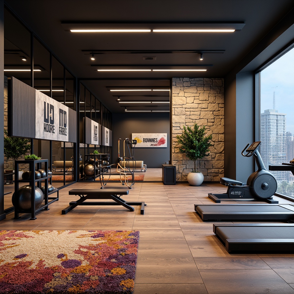 Prompt: Modern home gym, sleek exercise equipment, mirrored walls, polished wood flooring, motivational quotes, vibrant color accents, industrial-chic lighting fixtures, textured stone feature wall, minimalist design, functional shelving units, state-of-the-art sound system, inspirational fitness posters, luxurious plush carpeting, floor-to-ceiling windows, natural daylight, panoramic city view, 1/1 composition, softbox lighting, realistic textures, ambient occlusion.