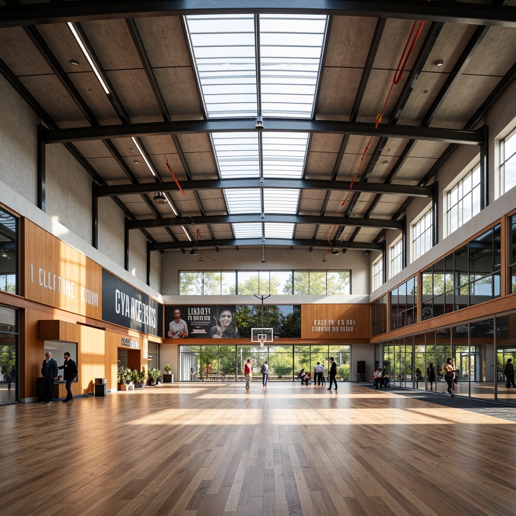 Prompt: Modern gymnasium interior, abundant natural light, high ceilings, clerestory windows, skylights, polished wooden floors, athletic equipment, basketball hoops, tennis courts, mirrored walls, motivational quotes, sleek metal beams, industrial chic decor, vibrant color accents, soft warm lighting, shallow depth of field, 1/1 composition, realistic textures, ambient occlusion.