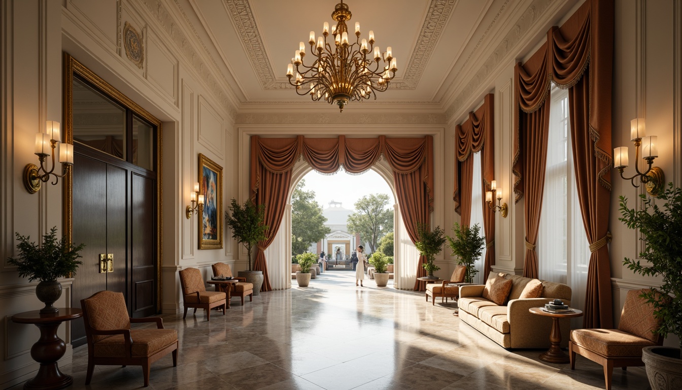 Prompt: Elegant hall, neoclassical architecture, ornate moldings, grand chandelier, marble flooring, luxurious fabrics, tufted upholstery, curved wooden legs, velvet drapes, gilded frames, symmetrical composition, soft warm lighting, shallow depth of field, 3/4 view, realistic textures, ambient occlusion, refined ornateness, subtle color palette, sophisticated atmosphere.Please let me know if this meets your expectations!