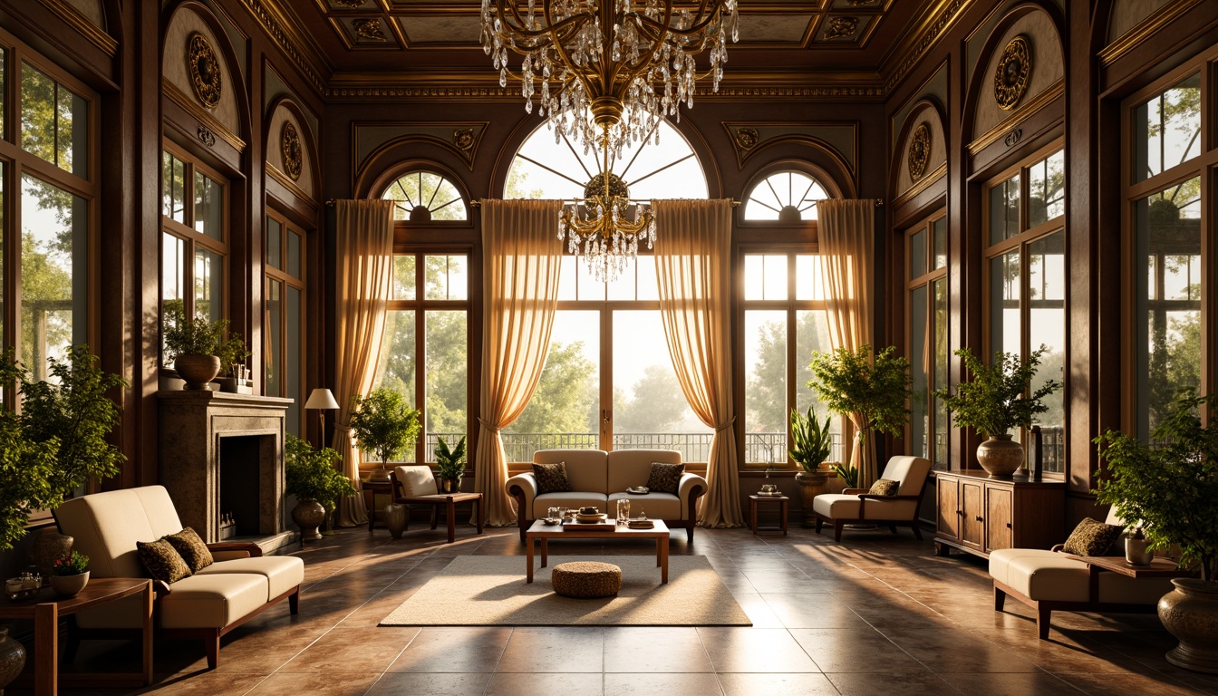 Prompt: Ornate sunroom, grandiose chandeliers, crystal droplets, gilded frames, intricate metalwork, warm golden lighting, soft diffusion, luxurious velvet drapes, ornamental mirrors, frescoed ceilings, marble flooring, lavish furnishings, regal atmosphere, afternoon sunlight, dramatic shadows, 1/1 composition, high-contrast ratio, realistic reflections, ambient occlusion.