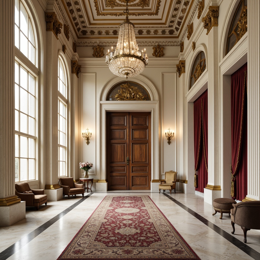 Prompt: Neoclassical facade, creamy white marble, ornate Corinthian columns, intricately carved wooden doors, polished bronze hardware, grandiose crystal chandeliers, lavish velvet drapes, richly patterned rugs, antique furnishings, opulent gilded frames, soft warm lighting, high ceilings, symmetrical composition, classical proportions, subtle texture details, realistic reflections, ambient occlusion.