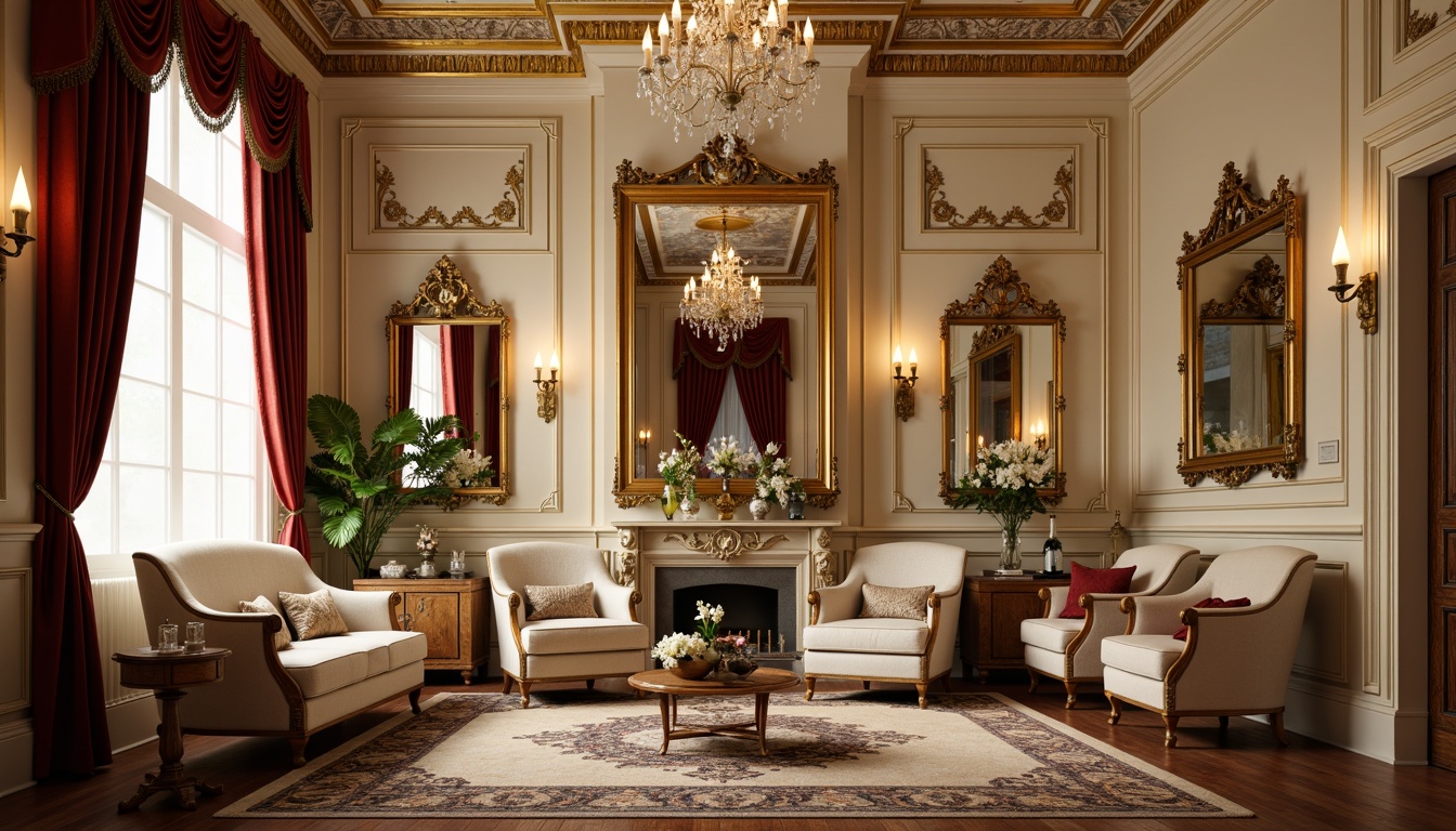 Prompt: Opulent Rococo interior, rich gold accents, soft cream walls, lavish furnishings, intricate carvings, ornate mirrors, crystal chandeliers, velvet drapes, luxurious fabrics, subtle sheen, warm candlelight, intimate ambiance, 3/4 composition, shallow depth of field, realistic textures, ambient occlusion.