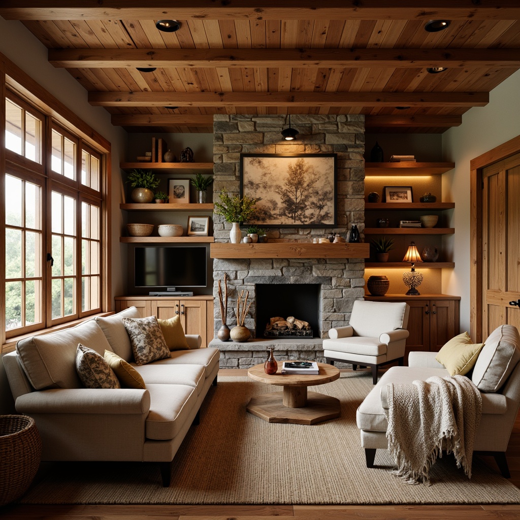 Prompt: Cozy family room, warm wooden accents, rich wood tones, craftsman style furniture, plush sofas, rustic wooden beams, stone fireplace, natural textiles, woven baskets, vintage decorative items, earthy color palette, soft warm lighting, shallow depth of field, 1/1 composition, realistic textures, ambient occlusion.