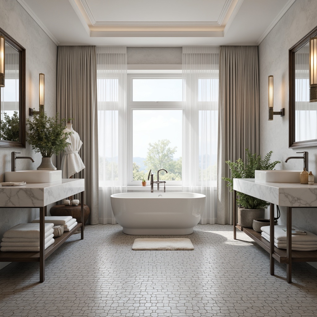 Prompt: Transitional bathroom, elegant tile flooring, hexagonal mosaic patterns, soft gray and white hues, subtle texture contrast, modern freestanding tub, sleek chrome faucets, polished marble countertops, ornate mirrors, warm ambient lighting, 3/4 composition, shallow depth of field, realistic textures, ambient occlusion.