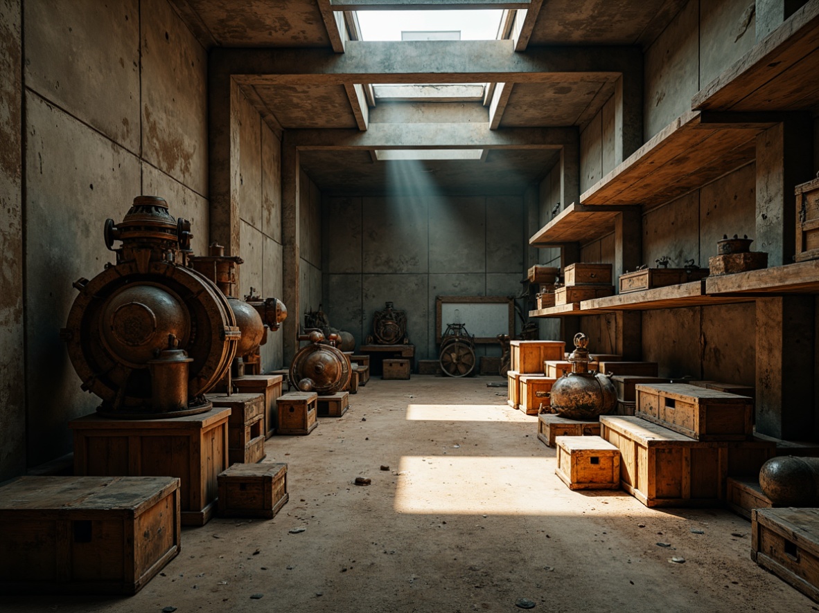 Prompt: Dusty storage room, rough concrete walls, worn wooden crates, rusty metal shelves, dim warm lighting, soft shadows, vintage machinery parts, distressed finishes, earthy color palette, abstract expressionist brushstrokes, impasto textures, bold geometric shapes, fragmented forms, dynamic composition, low-key ambiance, cinematic mood, atmospheric perspective, subtle grain effect.