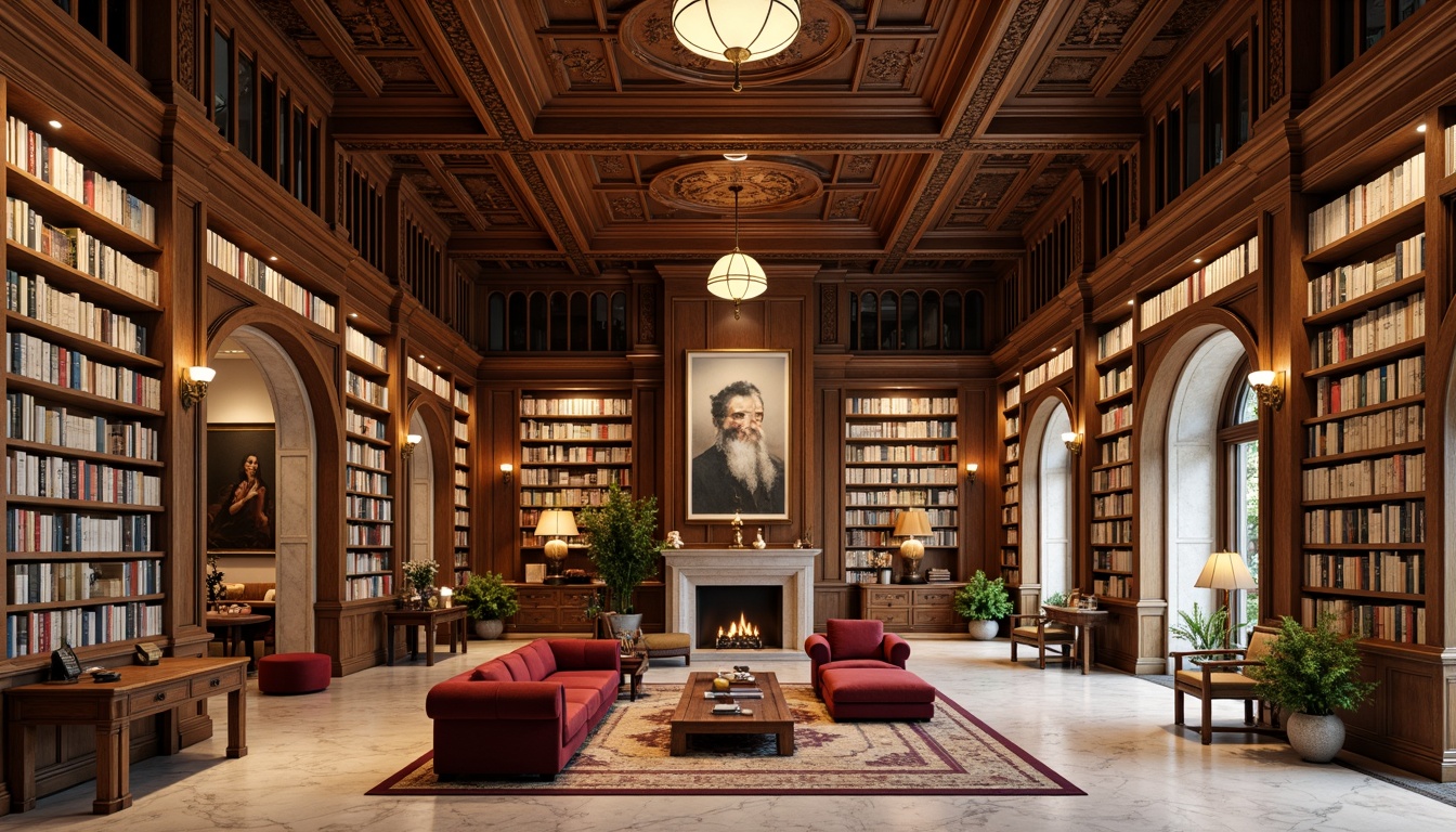 Prompt: Elegant library interior, rich wood paneling, ornate moldings, refined bookshelves, polished marble floors, sophisticated neoclassical columns, intricate carvings, luxurious velvet upholstery, warm brass lighting fixtures, soft cream-colored walls, stately high ceilings, grand reading rooms, intimate study nooks, natural stone archways, classic oil paintings, subtle texture overlays, realistic material reflections, ambient occlusion, shallow depth of field, 1/1 composition, panoramic view.