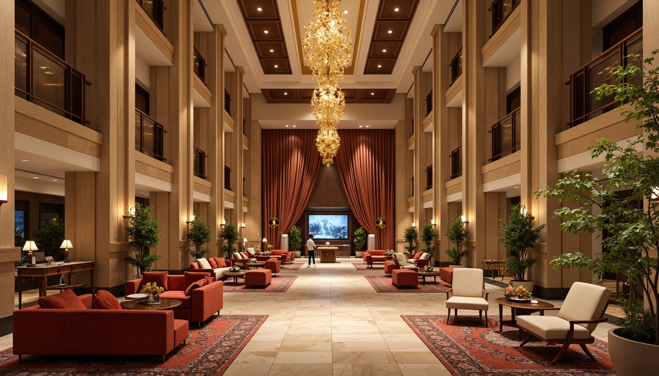 Prompt: Luxurious hotel lobby, rich wood accents, warm beige walls, plush velvet furniture, metallic bronze details, soft golden lighting, natural stone flooring, elegant chandeliers, sophisticated color scheme, earthy tones, warm neutrals, bold accent colors, vibrant patterned rugs, refined textures, subtle gradient effects, 1/2 composition, atmospheric perspective, high-end ambiance.