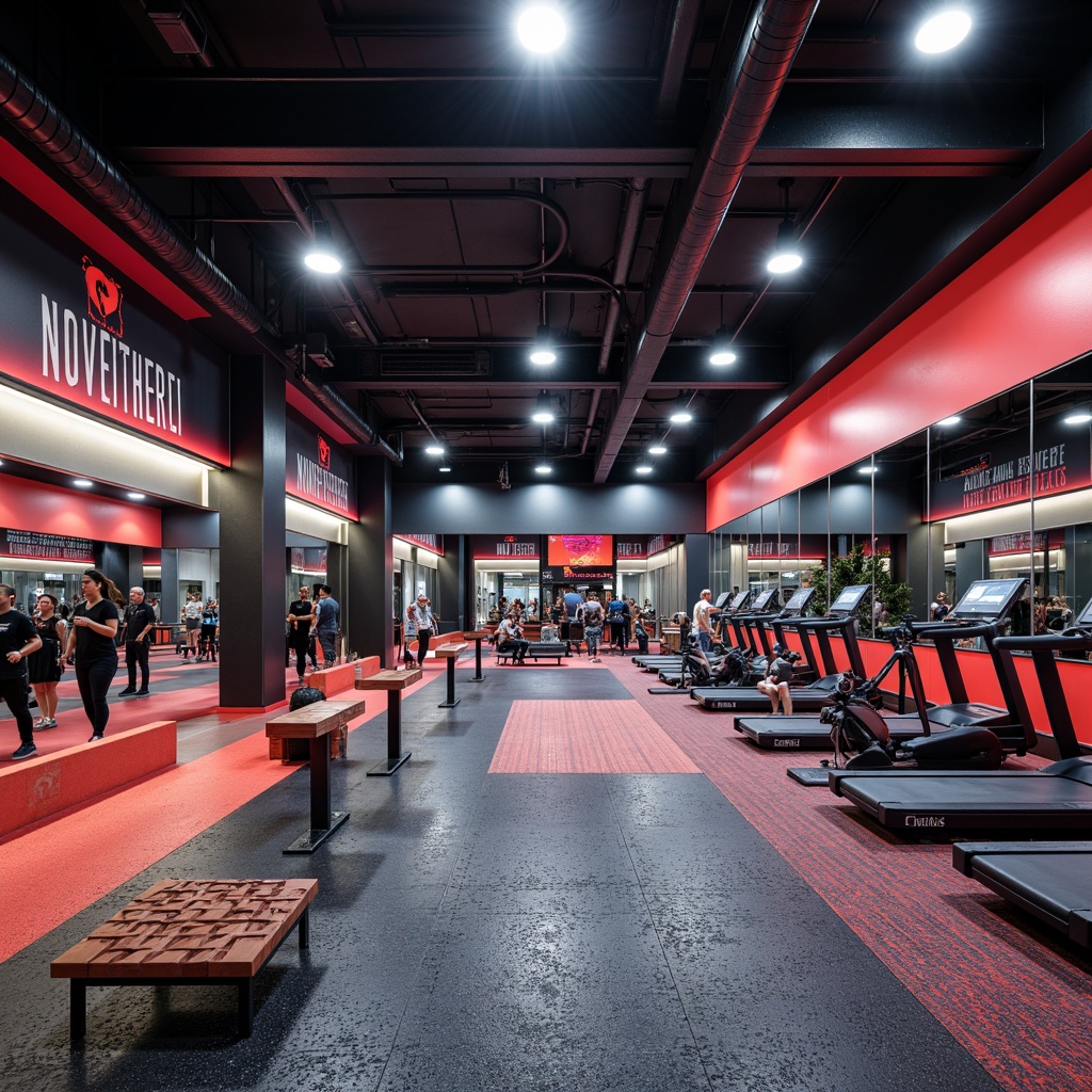 Prompt: High-performance fitness club, sleek modern design, rubber flooring, heavy-duty mats, shock-absorbing surfaces, textured patterns, vibrant colors, high-gloss finishes, anti-slip coatings, durable materials, easy maintenance, noise reduction, sound absorption, athletic equipment, free weights, treadmills, stationary bikes, group exercise areas, mirrored walls, LED lighting, motivational quotes, energetic ambiance.