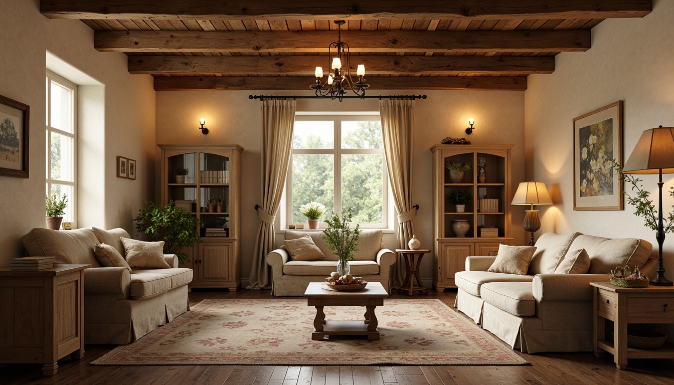 Prompt: Rustic French country style interior, warm golden lighting, soft candle glow, ornate metal chandeliers, distressed wood beams, vintage pendant lamps, natural linen shades, cream-colored walls, wooden floorboards, plush area rugs, antique furniture pieces, floral patterned fabrics, lace curtains, delicate china cabinets, cozy reading nooks, warm beige tones, gentle diffused light, 1/1 composition, intimate atmosphere, realistic textures, soft focus effect.