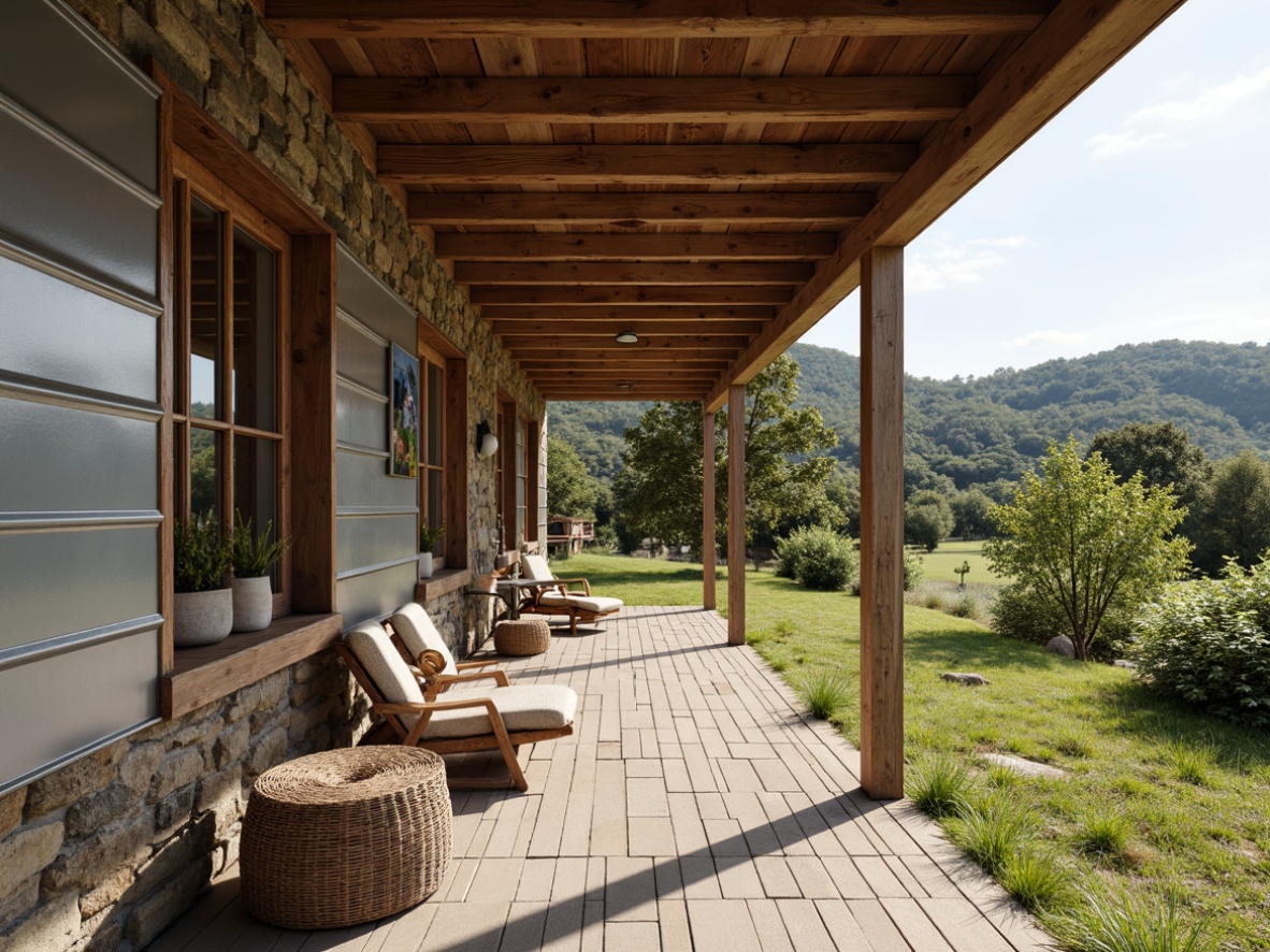 Prompt: Rustic farmhouse, horizontal wooden boards, weathered wood tones, corrugated metal sheets, galvanized steel accents, reclaimed barn wood, rough-hewn stone walls, earthy color palette, natural textures, rural landscape, rolling hills, countryside views, warm sunny day, soft diffused lighting, shallow depth of field, 1/2 composition, symmetrical framing, realistic weathering effects.