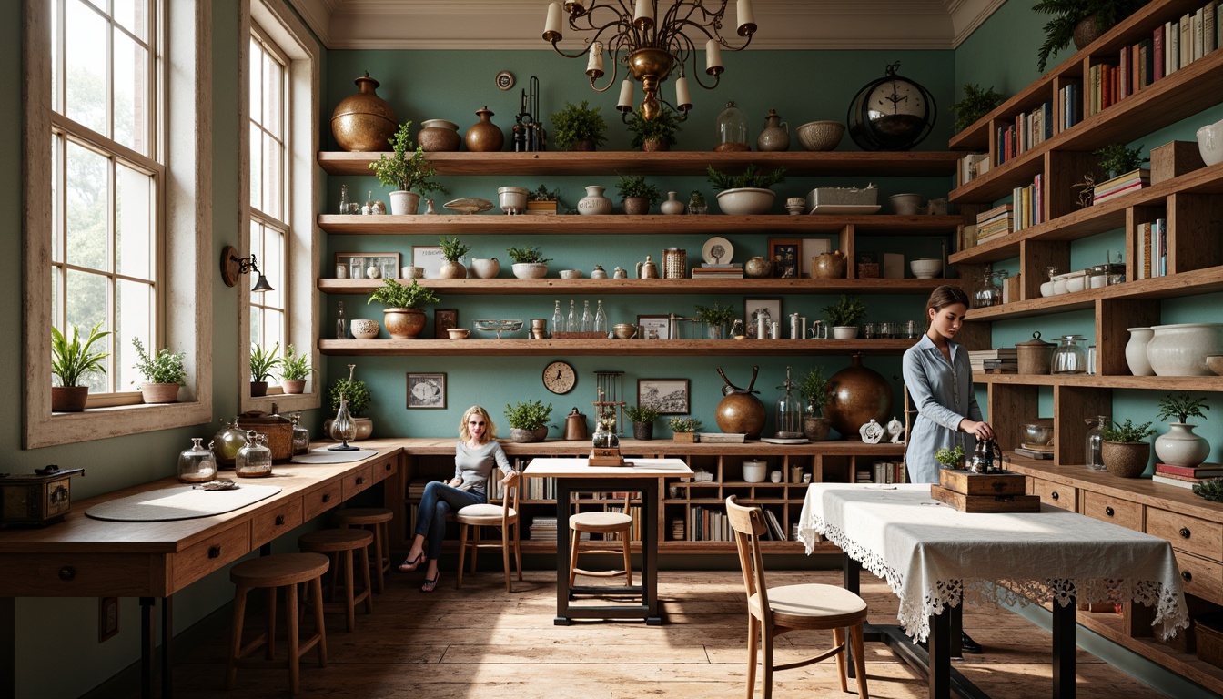 Prompt: Vintage laboratory furniture, distressed wood tones, ornate metal fixtures, soft pastel hues, delicate floral patterns, antique scientific instruments, worn leather-bound books, rustic wooden shelves, elegant chandeliers, lace-draped tables, feminine touches, whimsical decor, warm cozy lighting, shallow depth of field, 1/1 composition, realistic textures, ambient occlusion.