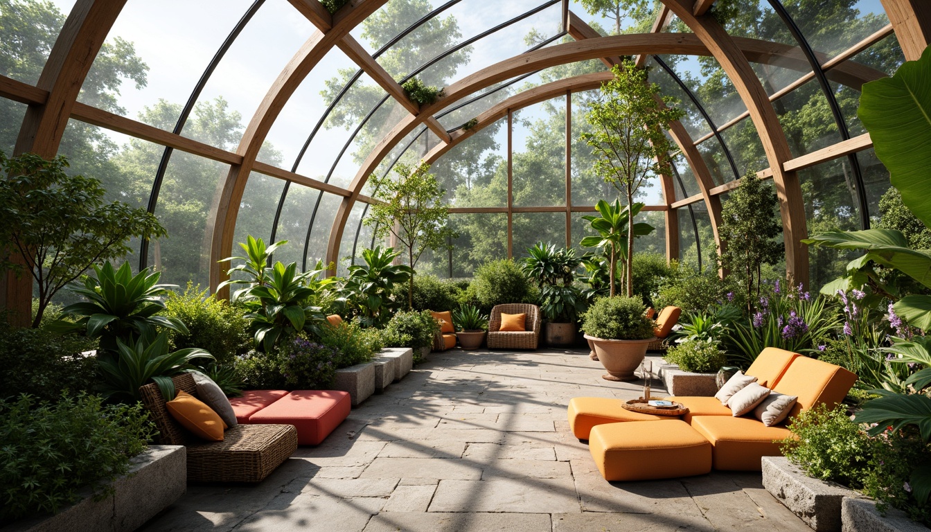 Prompt: Elegant greenhouse interior, lush tropical plants, natural stone flooring, reclaimed wood accents, curved glass roofs, minimalist metal frames, sustainable materials, eco-friendly textiles, vibrant colorful cushions, innovative irrigation systems, self-watering planters, organic shapes, soft warm lighting, shallow depth of field, 3/4 composition, panoramic view, realistic textures, ambient occlusion.