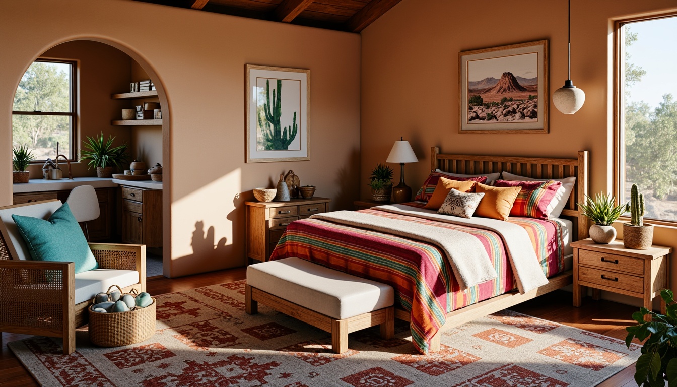 Prompt: Vibrant southwestern patterned bedding, colorful woven baskets, plush Native American-inspired throw blankets, rustic wooden furniture, earthy tone walls, turquoise accents, geometric shape rugs, woven wool textiles, desert landscape artwork, cactus-shaped decorative pillows, bright sunny day lighting, shallow depth of field, 3/4 composition, panoramic view, realistic textures, ambient occlusion.