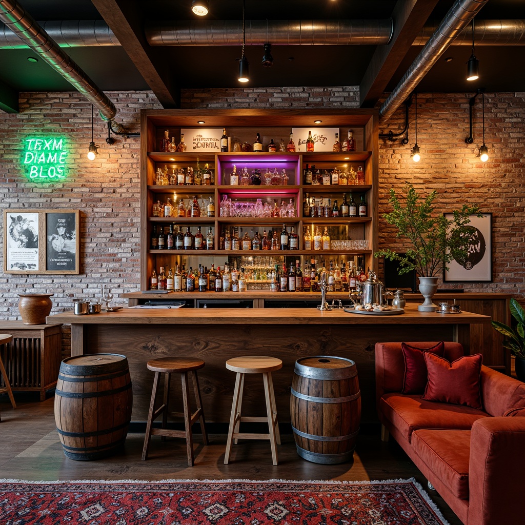 Prompt: Vibrant home bar, eclectic decor, mixed metallic accents, reclaimed wood shelves, industrial pipe fixtures, glassware display, whiskey barrels, wine rack, LED lighting, neon signs, distressed brick walls, rustic wooden crates, vintage posters, rich textiles, velvet upholstery, warm ambient lighting, shallow depth of field, 3/4 composition, panoramic view.