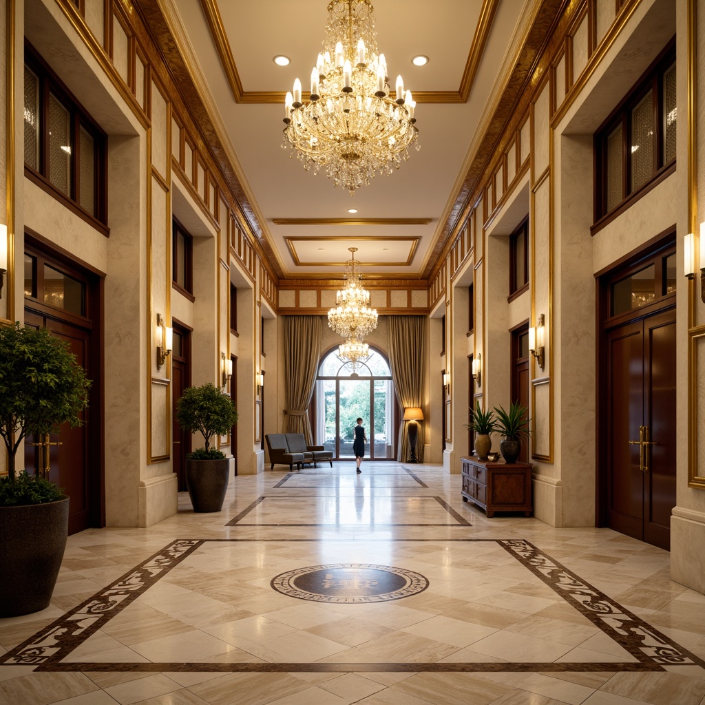 Prompt: Grand entrance, luxurious foyer, elegant chandelier, marble floors, ornate moldings, warm beige walls, rich wood tones, metallic accents, sophisticated color scheme, soft golden lighting, shallow depth of field, 1/2 composition, realistic textures, ambient occlusion.