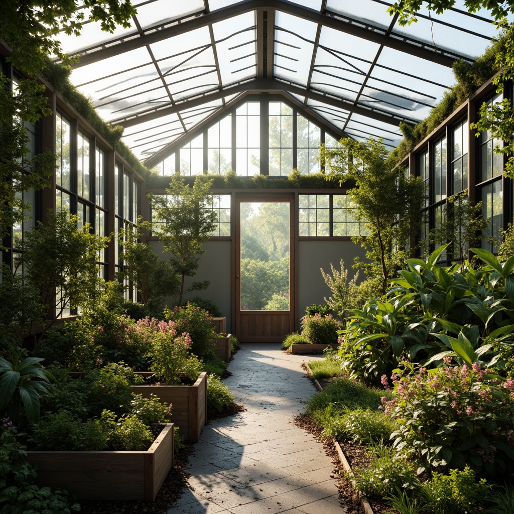 Prompt: Bauhaus-style greenhouses, lush foliage, industrial metal frames, minimalist architecture, earthy tones, moss-covered walls, vintage gardening tools, distressed wooden planters, soft natural light, warm atmospheric haze, 1/1 composition, shallow depth of field, realistic textures, ambient occlusion.