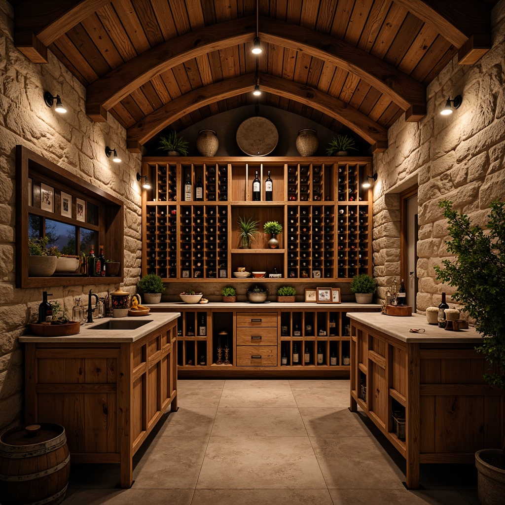 Prompt: Rustic wine cellar, wooden wine racks, craftsman style cabinetry, rich wood tones, metal accents, ambient warm lighting, stone walls, earthy color palette, natural textures, rustic wood crates, vintage wine barrels, dimly lit atmosphere, shallow depth of field, 1/1 composition, realistic wooden textures, subtle noise reduction.