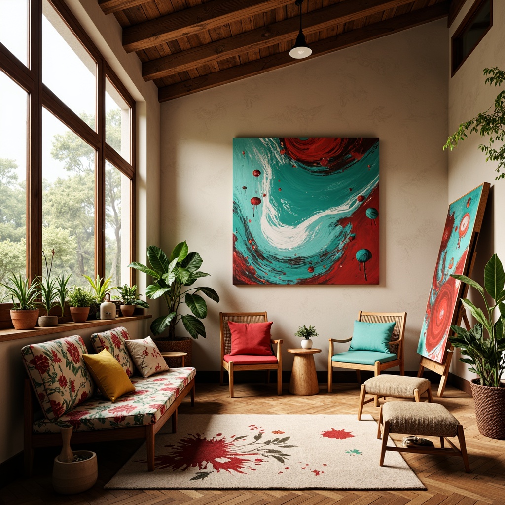 Prompt: Vibrant art studio, bold brushstrokes, eclectic furniture, abstract artwork, natural light, wooden floors, earthy tones, warm beige walls, rich turquoise accents, deep crimson splashes, creamy whites, textured fabrics, bohemian-inspired decor, cozy reading nook, oversized windows, botanical prints, whimsical patterns, atmospheric lighting, 1/1 composition, soft focus, warm color harmony.