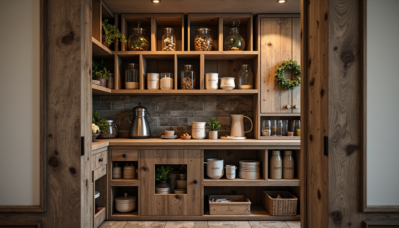 Prompt: Modern pantry interior, open shelving units, wooden crates, rustic metal frames, glass jars, ceramic containers, woven baskets, natural textiles, earthy tones, warm lighting, 1/1 composition, shallow depth of field, soft focus effect, realistic textures, ambient occlusion, cozy atmosphere, farmhouse style, vintage decor, industrial accents, metallic hardware, reclaimed wood, decorative trim, ornate details.