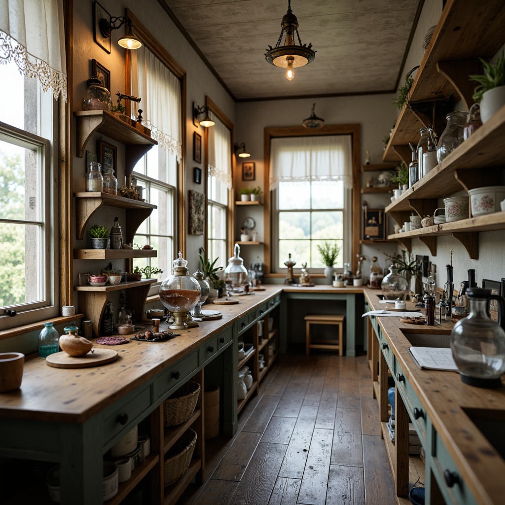 Prompt: Distressed wooden workbenches, vintage scientific instruments, soft pastel color palette, floral patterned textiles, lace trimmed curtains, ornate metal fixtures, distressed finishes, rustic wooden shelves, antique laboratory equipment, delicate porcelain accents, warm candle lighting, shallow depth of field, 1/1 composition, realistic textures, ambient occlusion.