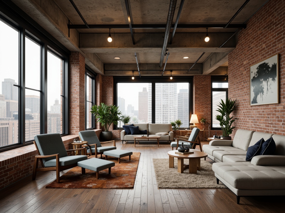 Prompt: Industrial-chic loft, exposed brick walls, metal beams, reclaimed wood floors, eclectic furniture mix, vintage decor pieces, modern minimalist sofas, abstract artwork, floor-to-ceiling windows, natural light pouring in, urban cityscape views, concrete ceilings, Edison bulb lighting, cozy reading nooks, plush area rugs, warm neutral color palette, 1/2 composition, shallow depth of field, soft warm lighting, realistic textures.