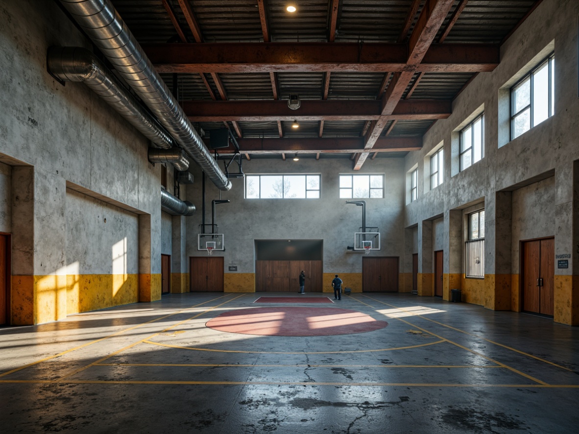 Prompt: Rough-hewn concrete walls, exposed ductwork, industrial metal beams, textured stone flooring, brutalist architecture, gymnasium interior, dramatic overhead lighting, atmospheric shadows, weathered wooden accents, distressed finishes, rugged athletic equipment, vibrant team colors, dynamic movement lines, shallow depth of field, 1/2 composition, cinematic lighting, realistic textures, ambient occlusion.