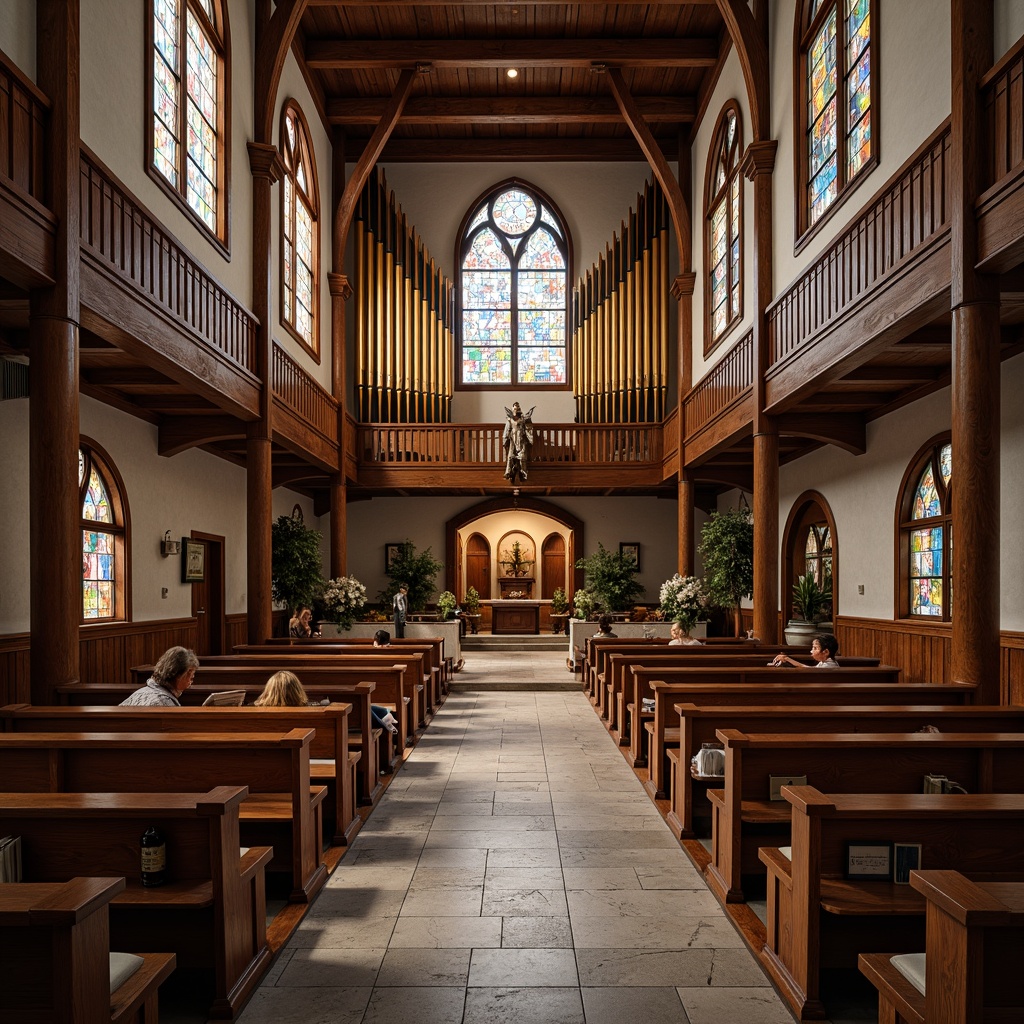 Prompt: Traditional church interior, wooden pews, rich brown wood tones, ornate carvings, comfortable seating, soft cushions, stained glass windows, vaulted ceilings, grand organs, natural stone floors, warm lighting, serene atmosphere, shallow depth of field, 1/2 composition, realistic textures, ambient occlusion.