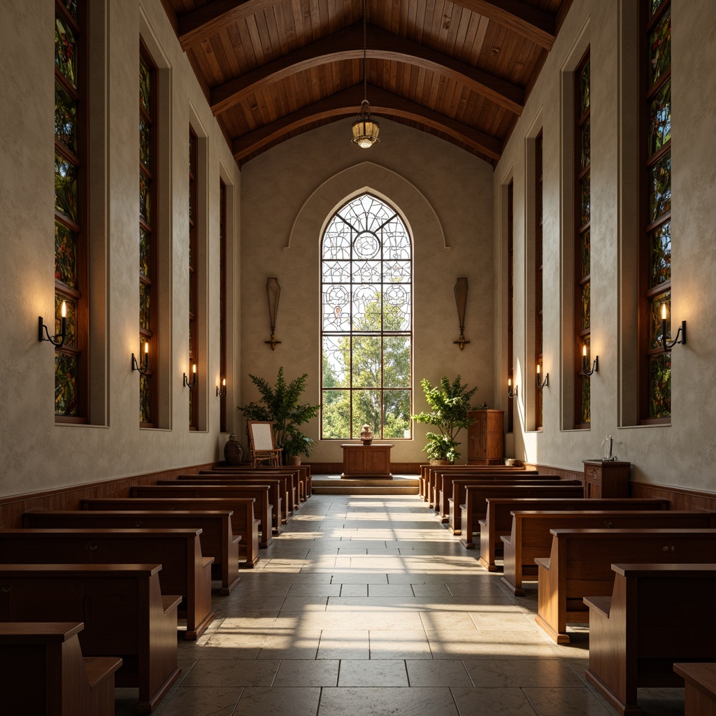 Prompt: Sacred worship space, minimalist aesthetic, neutral color palette, natural stone flooring, wooden accents, sleek metal fixtures, stained glass windows, subtle lighting effects, ambient atmosphere, abstract geometric patterns, intricate tile work, spiritual symbols, ornate details, luxurious textiles, warm candlelight, serene ambiance, shallow depth of field, 1/1 composition, realistic textures, soft focus.