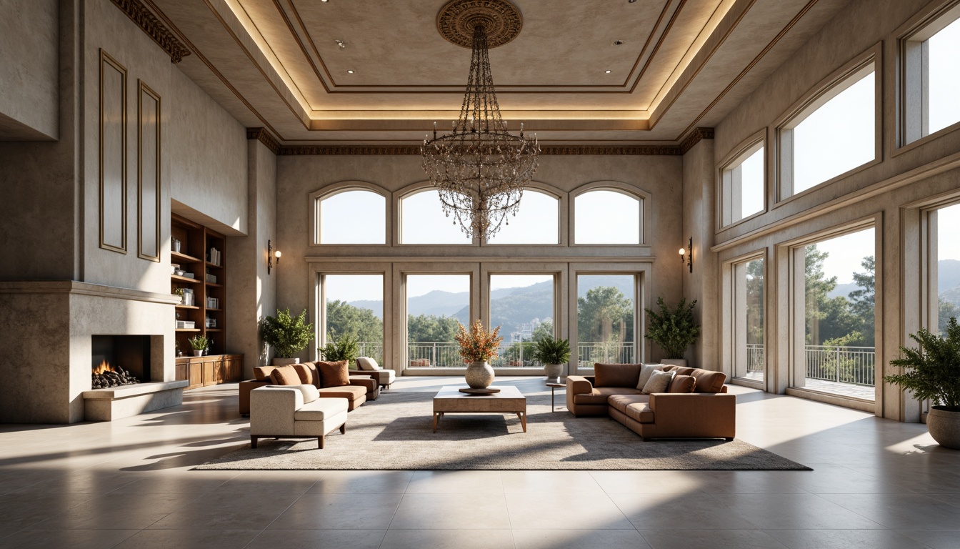 Prompt: Grand high ceiling, expansive open space, luxurious chandelier, ornate moldings, elegant archways, sleek marble flooring, majestic stone fireplace, plush velvet sofas, rich wood accents, sophisticated neutral color palette, dramatic floor-to-ceiling windows, panoramic views, natural sunlight, soft warm lighting, ambient shadows, 1/1 composition, realistic textures, subtle reflections.