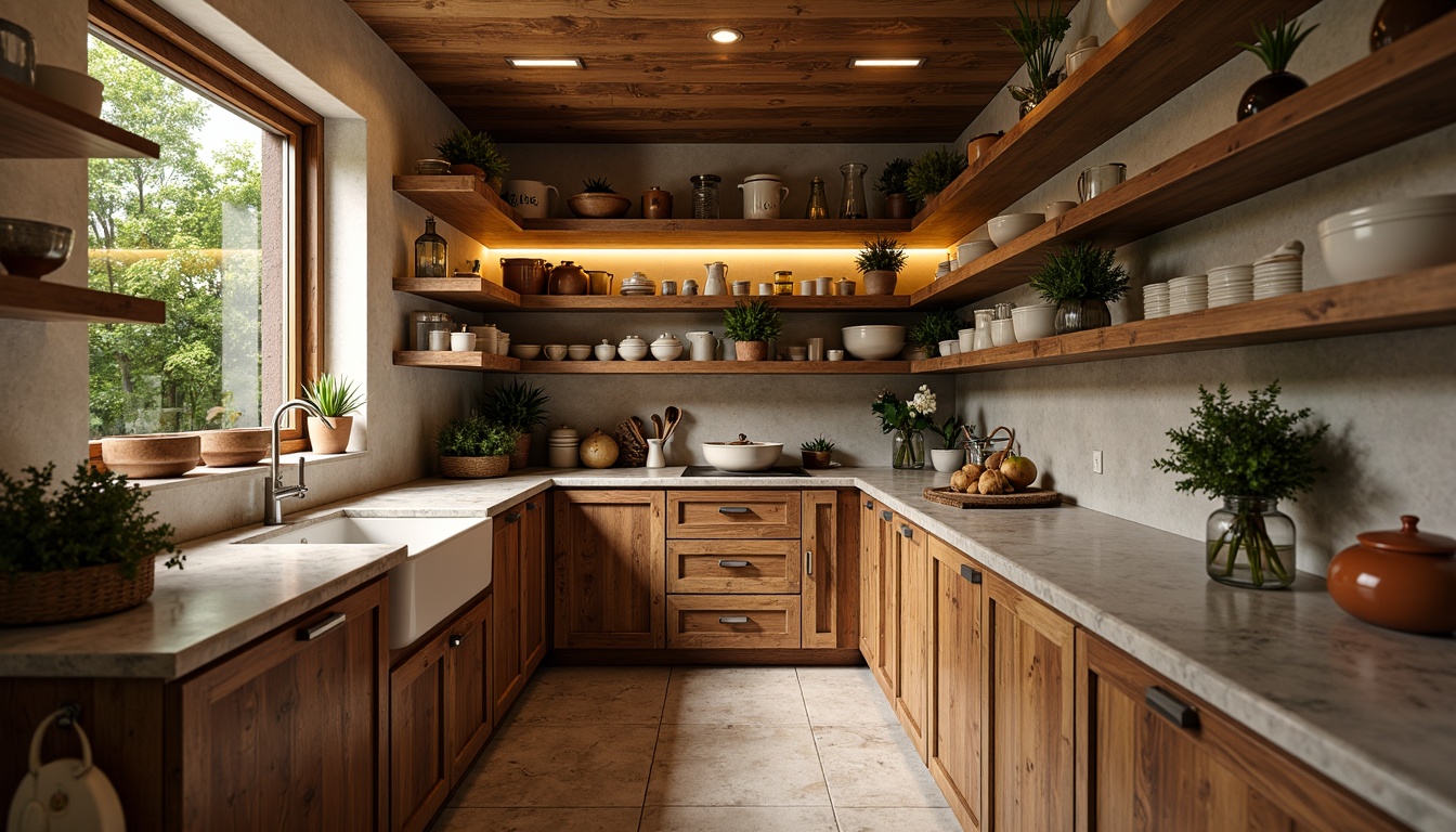 Prompt: Cozy pantry, warm earthy tones, soft cream colors, rich wood accents, natural stone countertops, rustic metal shelves, vintage kitchenware, mason jars, ceramic tiles, warm LED lighting, shallow depth of field, 1/1 composition, realistic textures, ambient occlusion.