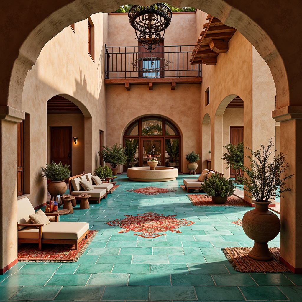 Prompt: Vibrant turquoise tiles, earthy terracotta tones, rustic stone textures, desert landscape inspiration, southwestern architectural style, adobe-style buildings, curved lines, ornate metalwork details, colorful geometric patterns, Aztec-inspired motifs, warm beige walls, rich wood accents, natural fiber rugs, woven textiles, tribal-print fabrics, bold red and orange hues, sunny day ambiance, soft warm lighting, shallow depth of field, 3/4 composition.