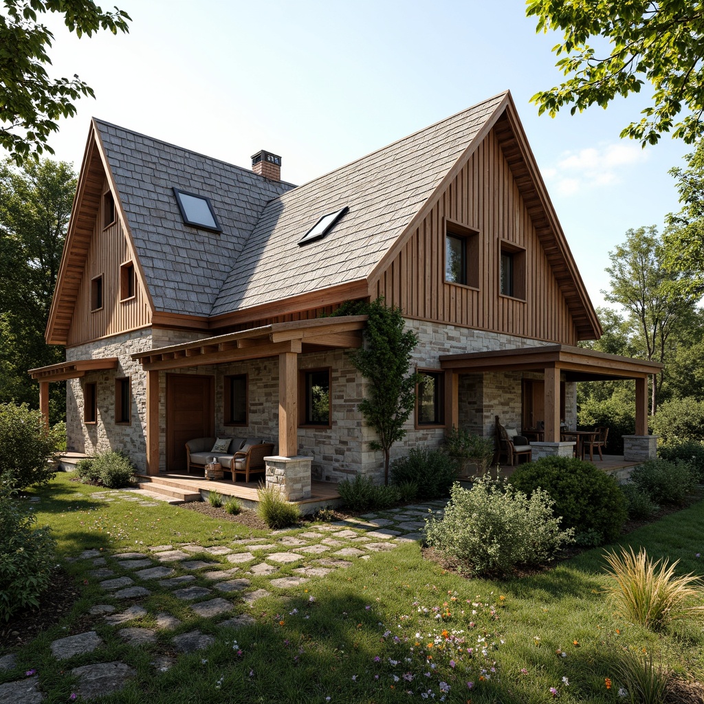 Prompt: Rustic farmhouse, wooden shingles, corrugated metal roofing, solar panels, skylights, clerestory windows, gabled rooflines, pitched roofs, overhanging eaves, natural stone walls, earthy color palette, lush greenery, rural landscape, sunny day, soft warm lighting, shallow depth of field, 3/4 composition, realistic textures, ambient occlusion.