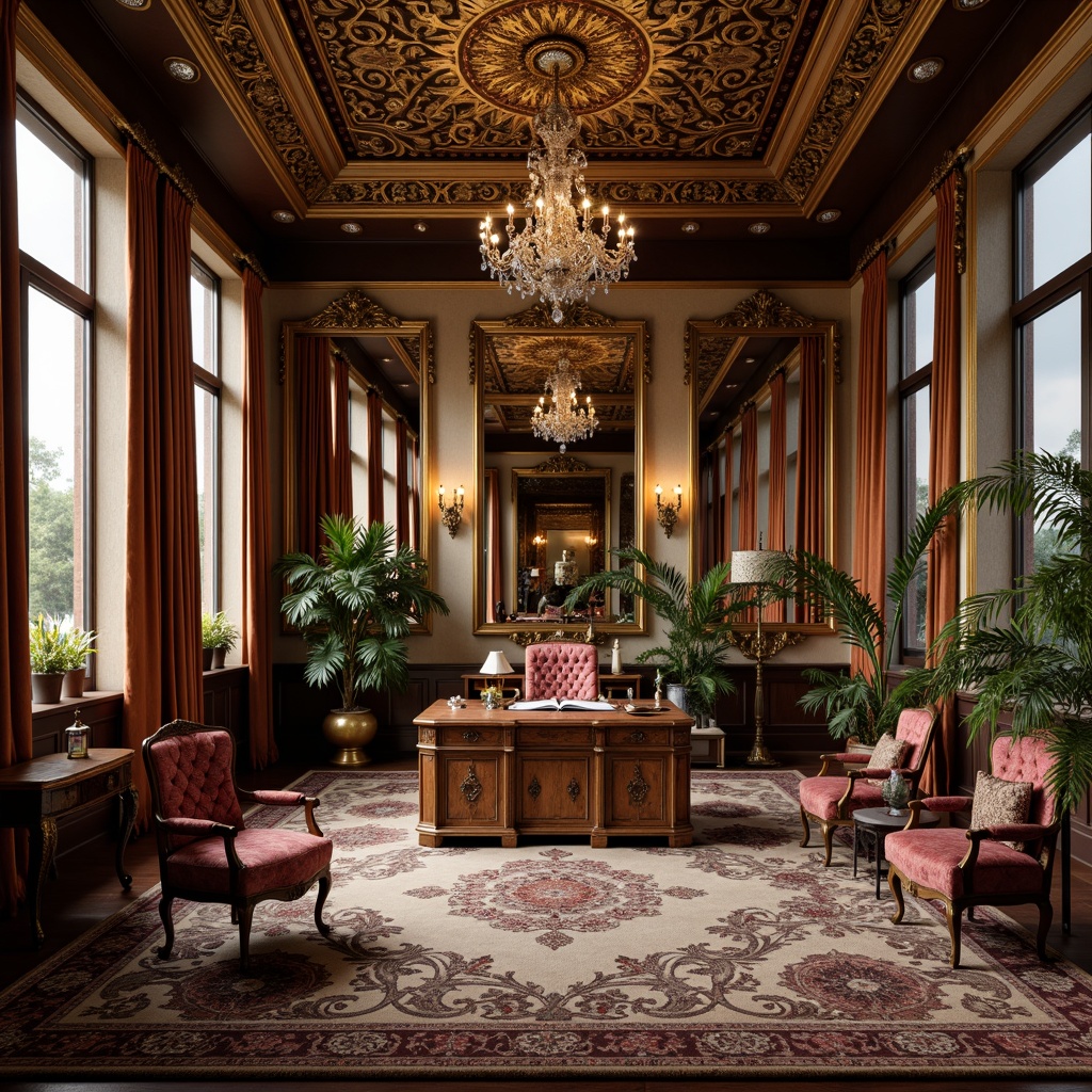 Prompt: Ornate home office, luxurious furnishings, curved lines, gold leaf accents, velvet upholstery, intricate carvings, ornamental mirrors, crystal chandeliers, rich wood tones, antique furniture pieces, elegant desk designs, plush area rugs, soft warm lighting, shallow depth of field, 3/4 composition, realistic textures, ambient occlusion.