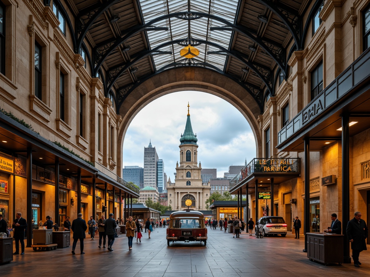 Prompt: Grand train station, transitional style, ornate Victorian details, modernized iron framework, limestone walls, stained glass ceilings, intricate mosaics, polished wooden floors, vintage luggage carts, retro-style signage, warm golden lighting, shallow depth of field, 1/1 composition, symmetrical architecture, imposing clock tower, bustling city surroundings, urban landscape, cloudy blue sky, soft natural light.