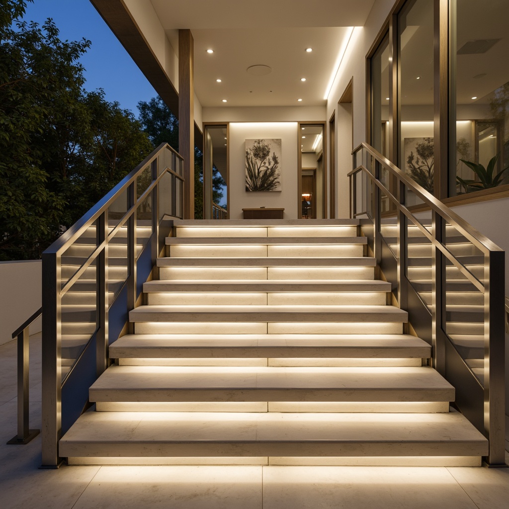 Prompt: Modern staircase, sleek metal handrails, glass balusters, minimalist design, LED strip lighting, warm white ambiance, soft glowing steps, indirect illumination, concealed light sources, subtle shadows, luxurious atmosphere, high ceilings, open floor plans, spacious interiors, elegant curves, sophisticated lines, polished chrome accents, ambient occlusion, realistic materials, 1/1 composition, shallow depth of field.