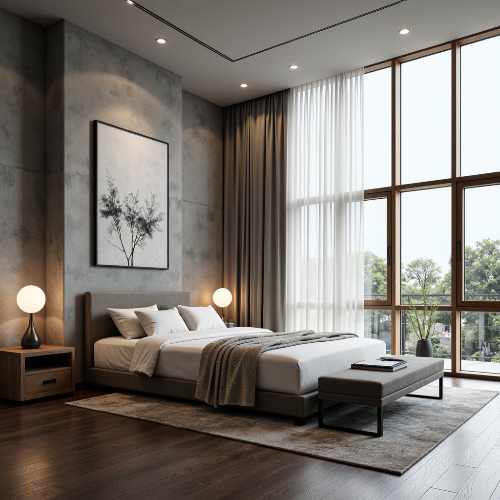 Prompt: Minimalist bedroom walls, soft gray tones, textured finishes, geometric patterns, modern abstract art, floor-to-ceiling windows, natural light pouring in, sheer white curtains, subtle wood accents, sleek metal frames, luxurious velvet upholstery, ambient warm lighting, shallow depth of field, 1/1 composition, realistic textures, panoramic view.