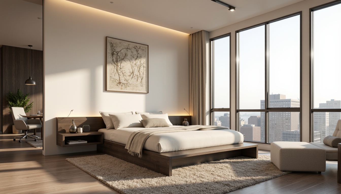 Prompt: Minimalist bedroom, soft cream walls, dark wood furniture, sleek metal accents, plush area rugs, calming beige tones, subtle patterned bedding, modern LED lighting, floor-to-ceiling windows, cityscape views, gentle morning sunlight, shallow depth of field, 1/2 composition, realistic textures, ambient occlusion.