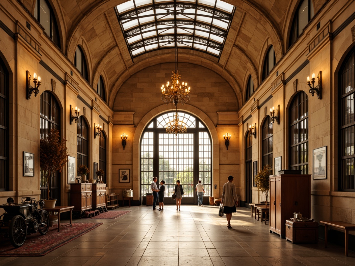 Prompt: Elegant train station, transitional style, warm beige stone walls, ornate metal gates, grand chandeliers, polished wooden floors, vintage luggage carts, rusty industrial machinery, distressed brick arches, soft golden lighting, shallow depth of field, 1/1 composition, symmetrical architecture, realistic textures, ambient occlusion.