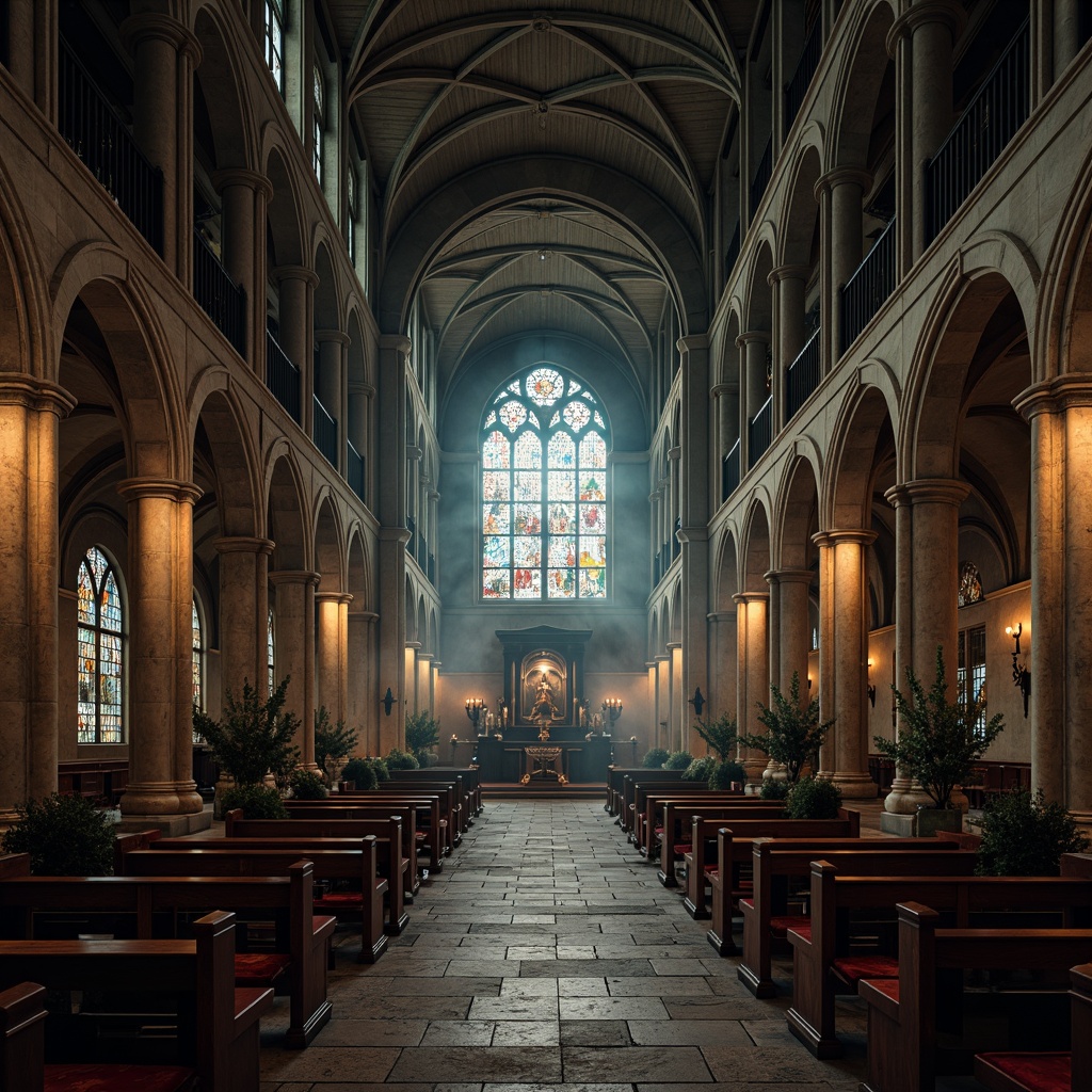 Prompt: Ancient Gothic cathedral, grand stone walls, vaulted ceilings, ribbed arches, stained glass windows, ornate carvings, intricate sculptures, mystical ambiance, dim warm lighting, foggy atmosphere, mysterious shadows, weathered stone textures, rustic wooden accents, rich velvet fabrics, luxurious golden ornaments, eerie misty effects, high contrast ratio, cinematic composition, dramatic spotlighting.